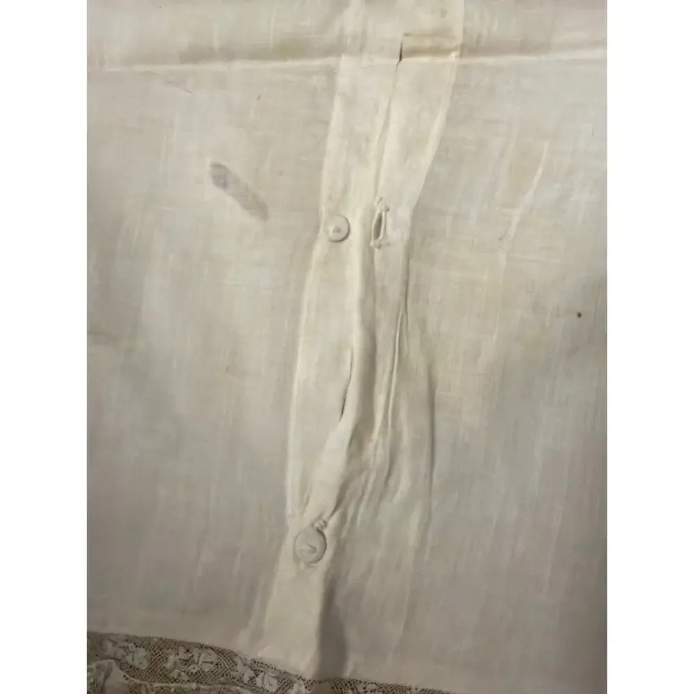 Antique Handmade White Linen Eyelet Cutouts Pillow Sham Cover Lace Border
